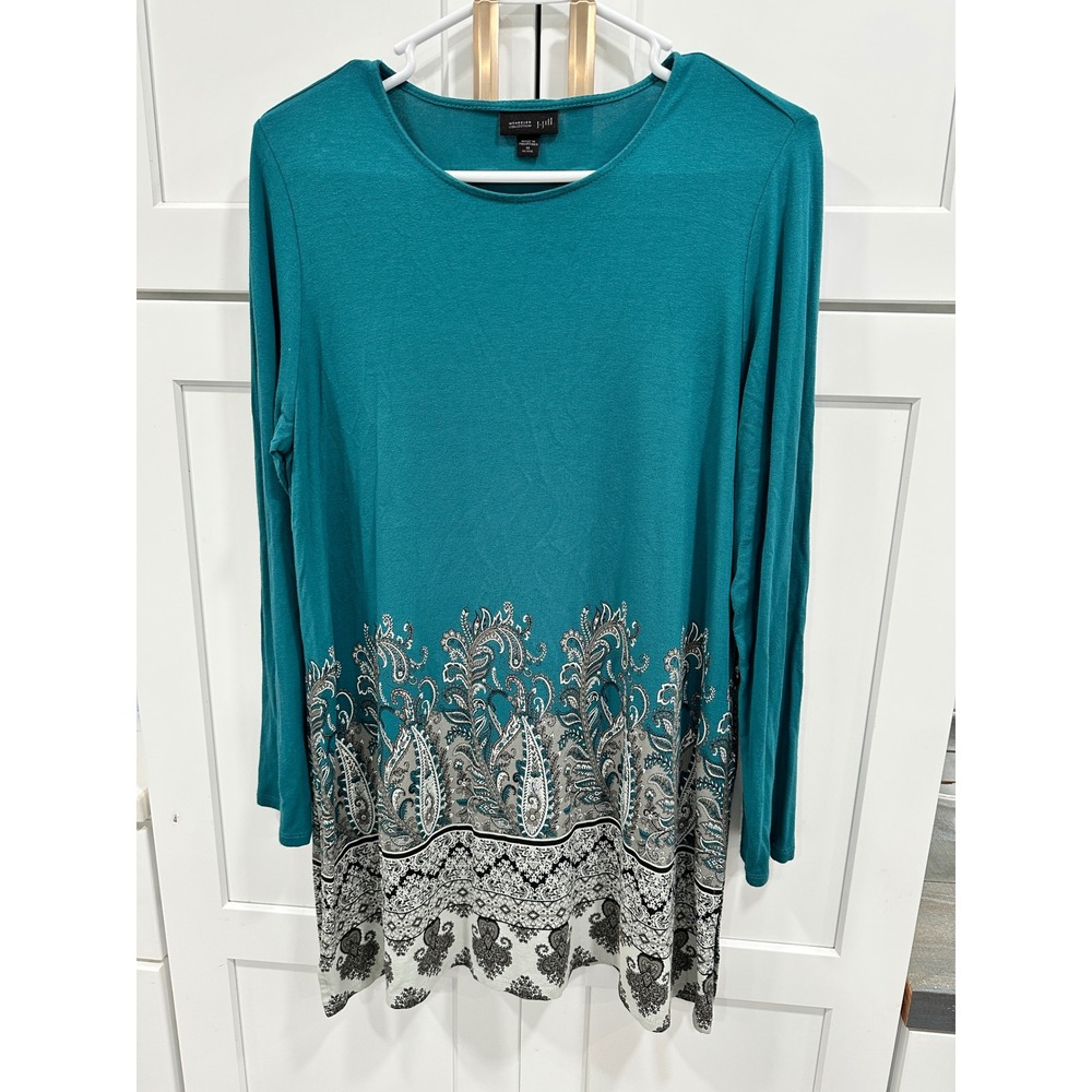 J. Jill Wearever Tunic Top‎ Paisley Print Long Sleeve Teal Green M Petite